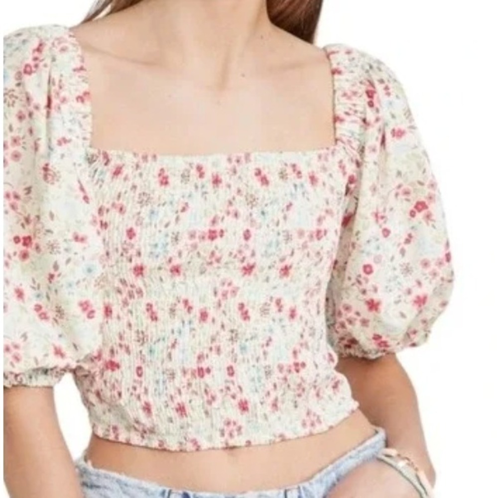 Sokee Collective Floral Smocked Puff Sleeve Top Square Neck Cottagecore Small